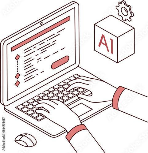 Engaging with artificial intelligence on a laptop, illustrated with modern line art. This modern isometric illustration depicts a person actively typing on a laptop, indicating work, coding, or intera