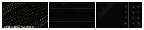 Set of dark backgrounds with golden lines and glittering dots