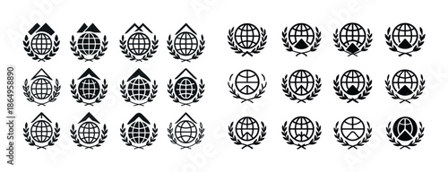 Set of nautical and geometric emblems with globes and laurel wreaths