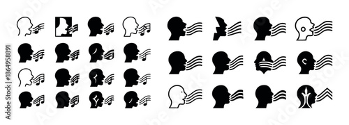 Abstract silhouettes with sound waves coming from mouths in various designs