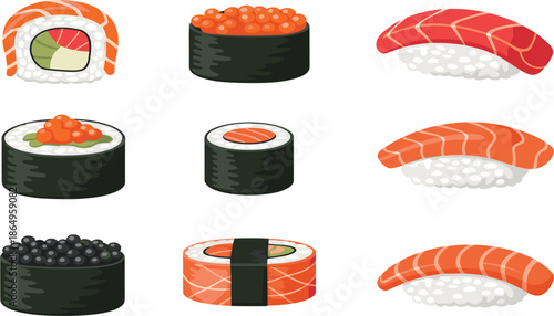 Sushi Illustration vector  Set Featuring Salmon Nigiri, Tuna Rolls, and Caviar Gunkan Maki Graphic Elements