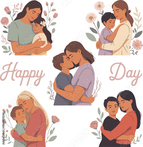 Mother and Child Hugging Illustration Set for Mother’s Day – Floral Backgrounds
