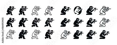 Set of silhouette and outline icons of soldiers in kneeling position with guns