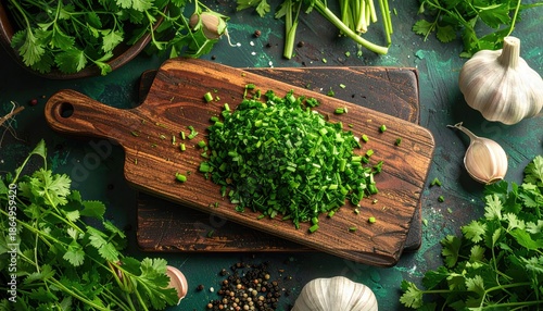 Chopped herbs on a wooden board amidst fresh garlic, spices, and other green herbs against a mottled green background