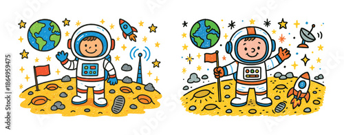 Cartoon astronauts on moon with rocket and earth for kids