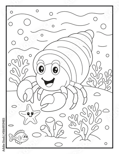 Photography Cute Hermit Crab in an Underwater Scene, Simple Sea Animal Coloring Page for Kids and Adults