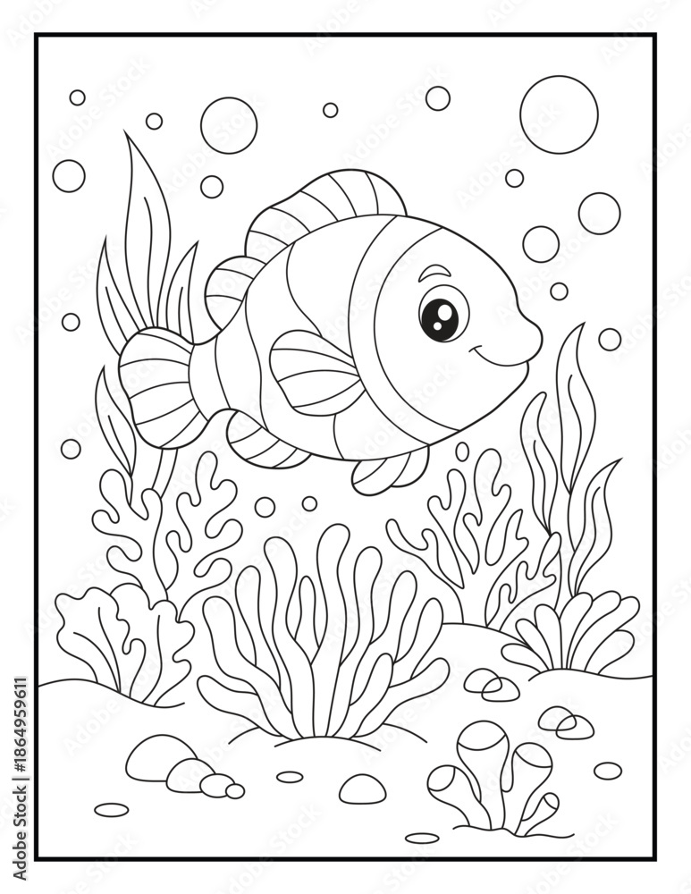 Fototapeta premium Adorable Little Fish Swimming Through Coral Reefs, Cute Underwater Coloring Page for Kids. simple bold outlines and clean black-and-white line art.