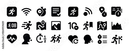 Fitness and navigation icon set: running, stopwatch, map, heartbeat, wi-fi symbols