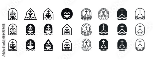 Set of religious symbols with crosses and water designs