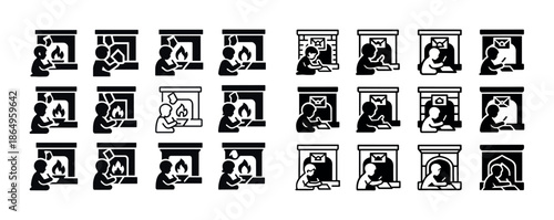 Collection of fireplace icons with person reading in different styles
