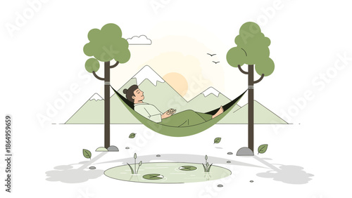Relaxing In Hammock Between Two Trees With Mountain Views Illustration