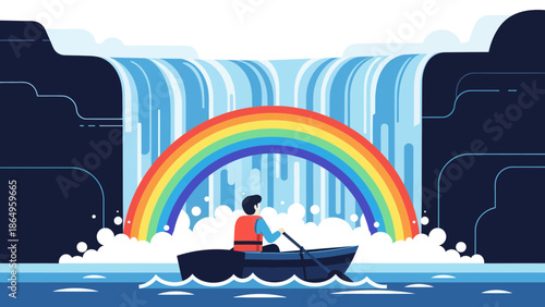 Rowing Past Majestic Waterfall And Beautiful Rainbow In Dreamy Nature Scenery