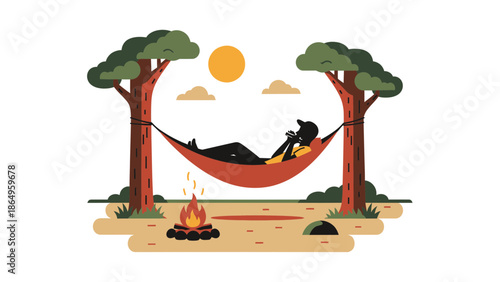 Relaxing In Hammock Near Campfire Under The Warm Sun In Nature