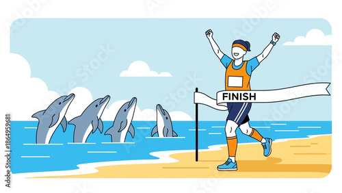 Runner Celebrates Victory With Dolphins Cheering At Oceanfront Race Finish Line