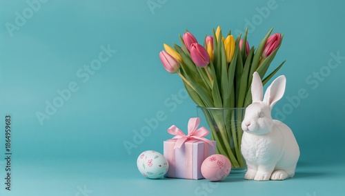 Colorful Easter Eggs and Flowers With a White Bunny on a Blue Background