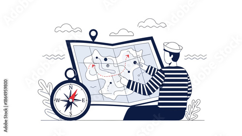 Sailor Planning a Voyage With Map Compass and Nautical Elements Isolated Illustration