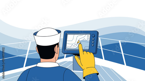 Sailor Navigating With Modern Marine Technology On Boat Sailing At Sea