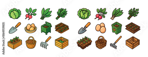 Garden tools and vegetables set with trowels, eggs, seedlings, and baskets