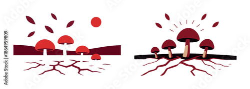 Abstract red mushrooms with roots breaking through ground in two panels