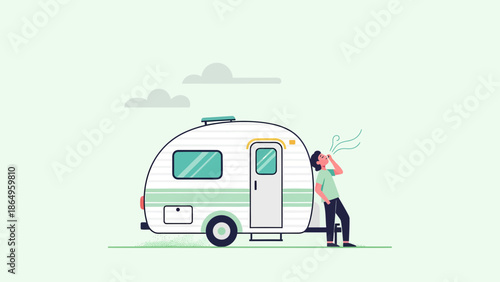 Relaxing Moments: Man And His Caravan Vacation Escape Under Fluffy Clouds