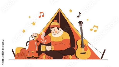 Relaxing Morning Camping Adventure In A Tent With Coffee And Music