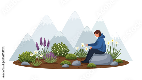 Relaxing Nature Scene Featuring Person Among Flowers With Mountain Backdrop
