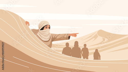 Sandstorm Guide Leads Lost Group Through Arid Desert Landscape Illustration