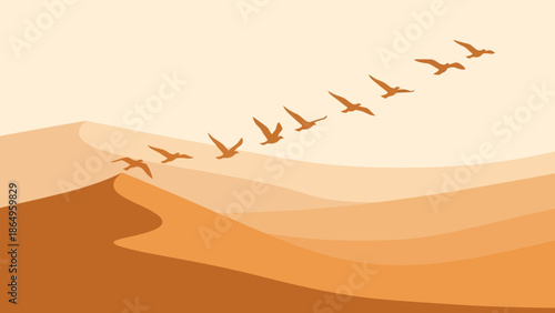 Sand Dunes And Birds Flying In Formation Against Warm Sky Illustration