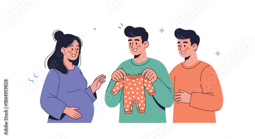 Happy gay couple giving a cute baby outfit to a pregnant friend at a baby shower, celebrating friendship and future parenthood.