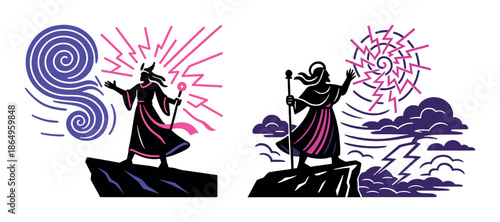 Mythical figures casting spells with mystical energy swirls