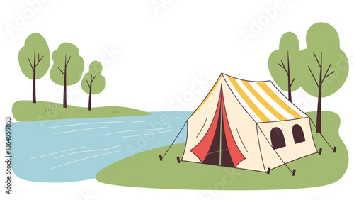 Scenic Lakeside Camping Adventure With Striped Tent Under Green Trees Illustration