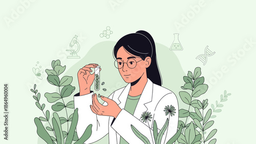 Scientist Examining Seeds In Test Tube With Botanical Illustrations On Background