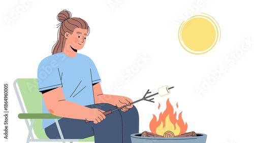 Relaxing Summer Scene With Person Roasting Marshmallows Over Bonfire