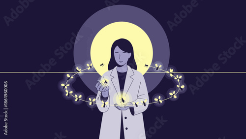 Scientist Exploring Bioluminescence In Fireflies In Flat Vector Illustration