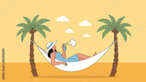 Relaxing Summer Day In Hammock With Palm Trees And Sunscreen Protection Concept