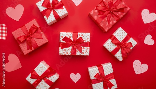 Gifts Arranged on a Red Background With Heart Decorations for a Celebration E...