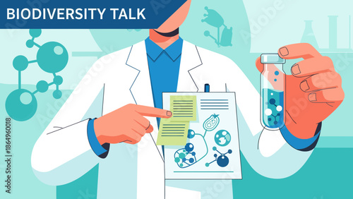 Scientist Explaining Genetic Biodiversity Research Experiment With Molecules