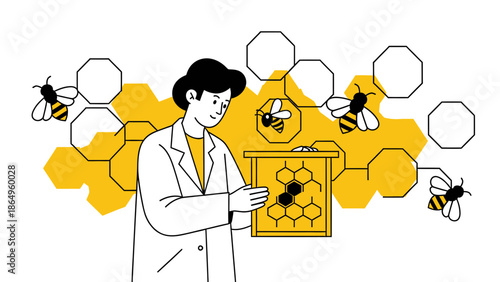 Scientist Inspecting Beehive With Geometric Honeycomb Background Illustration