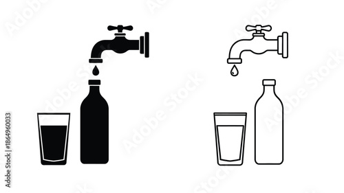 Black and white illustration of water taps bottles and drinking glasses