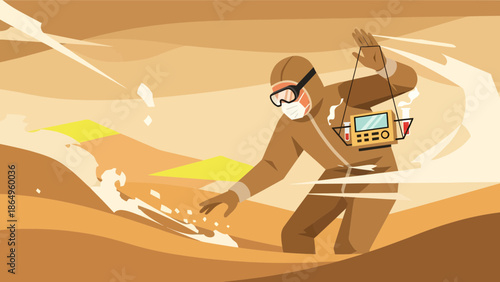 Scientist In Protective Suit Doing Fieldwork Research In Dusty Environment