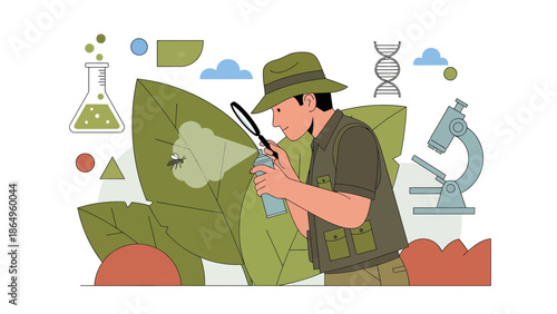 Scientist Inspecting Insect On Leaf With Spray And Magnifying Glass In Nature