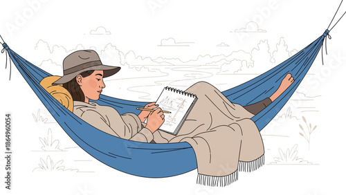 Relaxing Time: Woman Sketching Landscape In Hammock During Outdoor Adventure