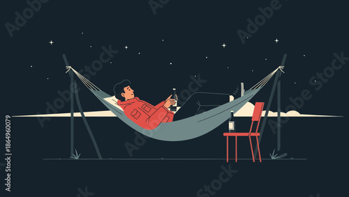 Relaxing Under Stars With Drinks In Hammock Night Scene Vector Illustration