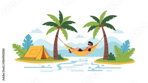 Relaxing Vacation Scene On Tropical Island With Hammock And Camping Tent