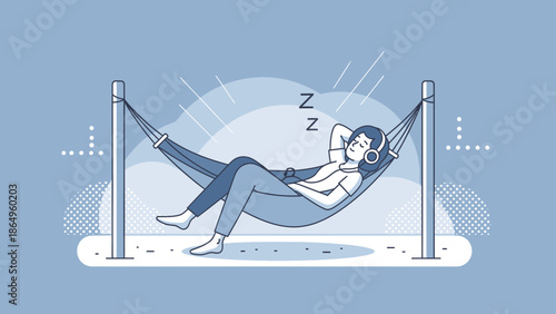 Relaxing Woman Enjoying Restful Nap In Hammock Listening To Music Headphones