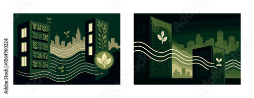 Eco-friendly urban architecture with green buildings and natural elements