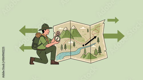 Scout Navigating With Compass And Map Discovering Route And Orientation Skills