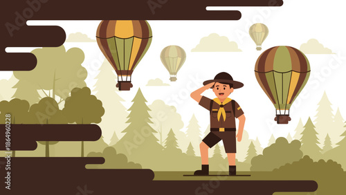 Scout Exploring Wilderness With Hot Air Balloons For Adventure And Outdoor