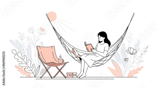 Relaxing Woman Reading In Hammock Minimalist Illustration With Pastel Colors