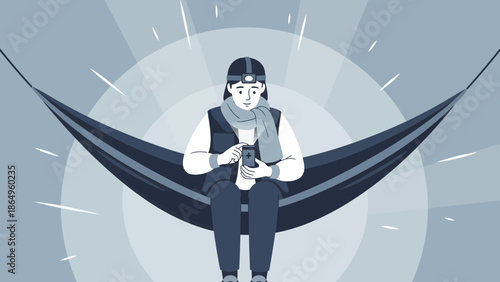 Relaxing Woman Using Mobile In Hammock Under Gentle Illumination